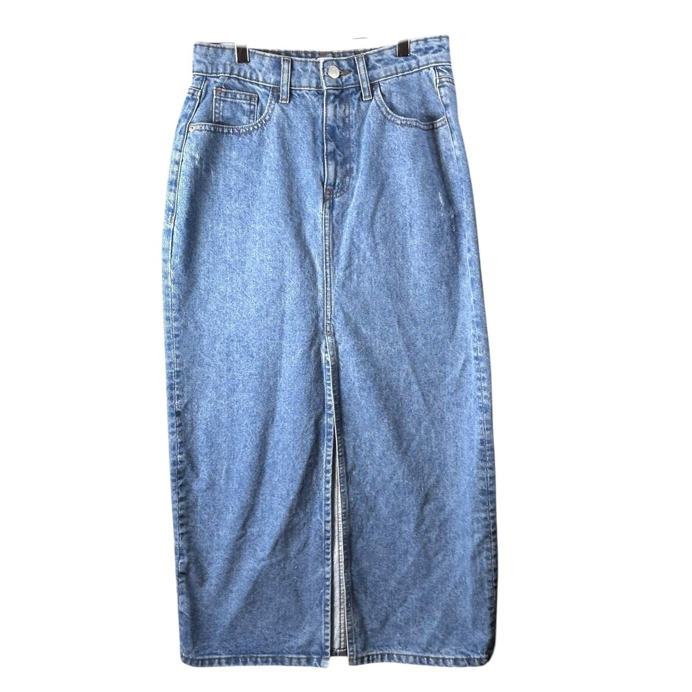 The Drop Dixon‎ Medium Indigo Denim Front Slit Midi Skirt XS High Rise Cotton